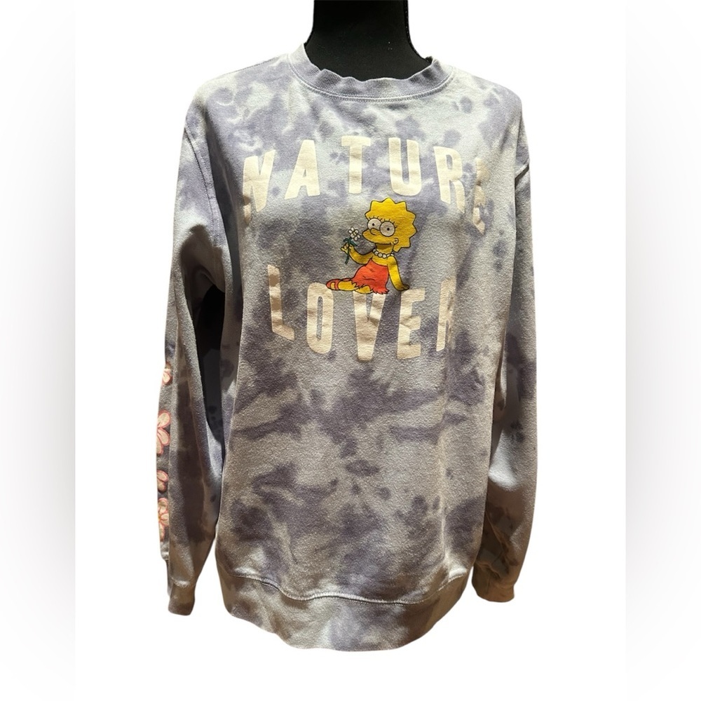 Lisa Simpson Nature Lover Tie Dye Sweatshirt Floral Sleeve Graphic Pullover L